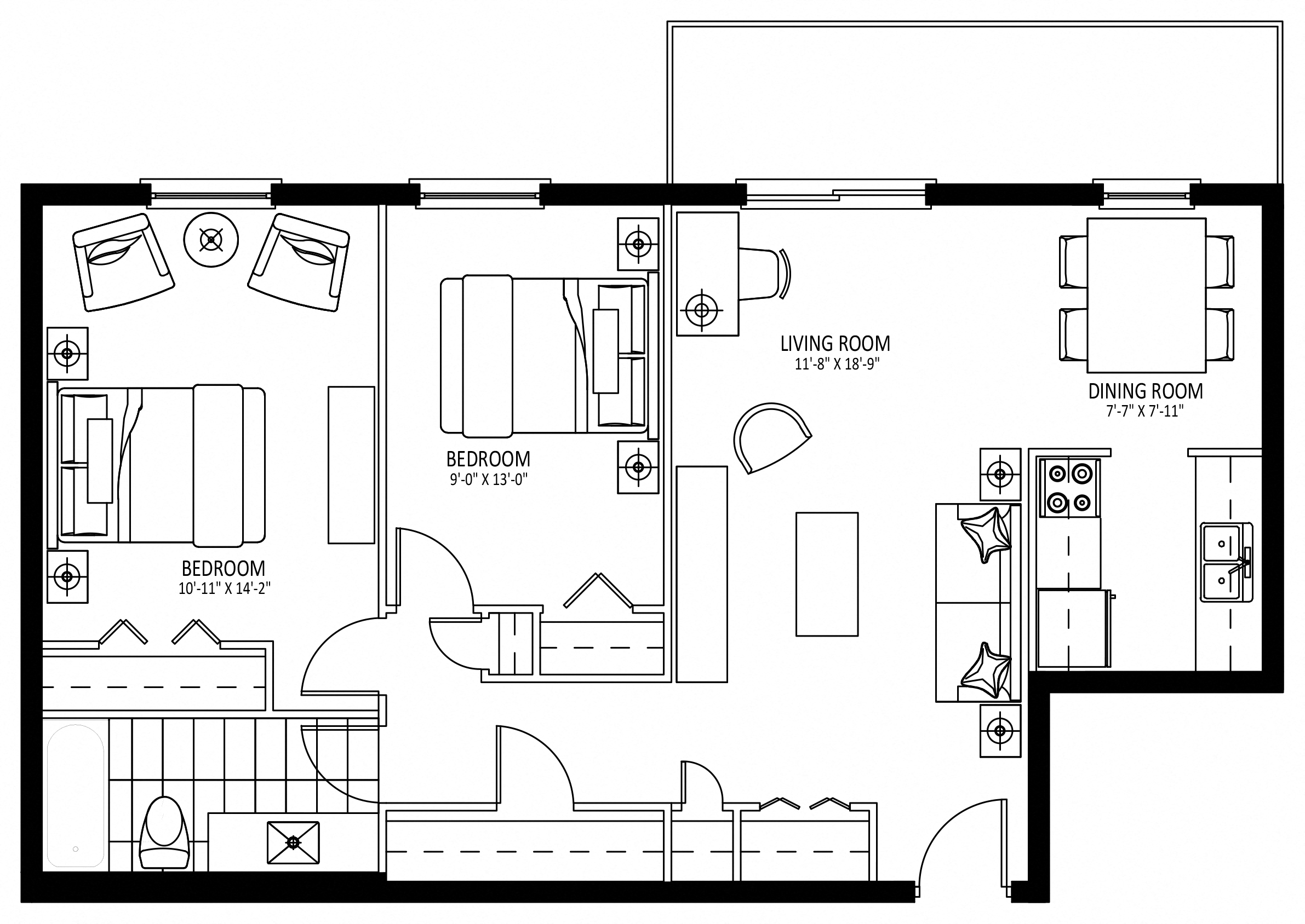 Floor plan for 2 beds, 1 bath, 880 sqft